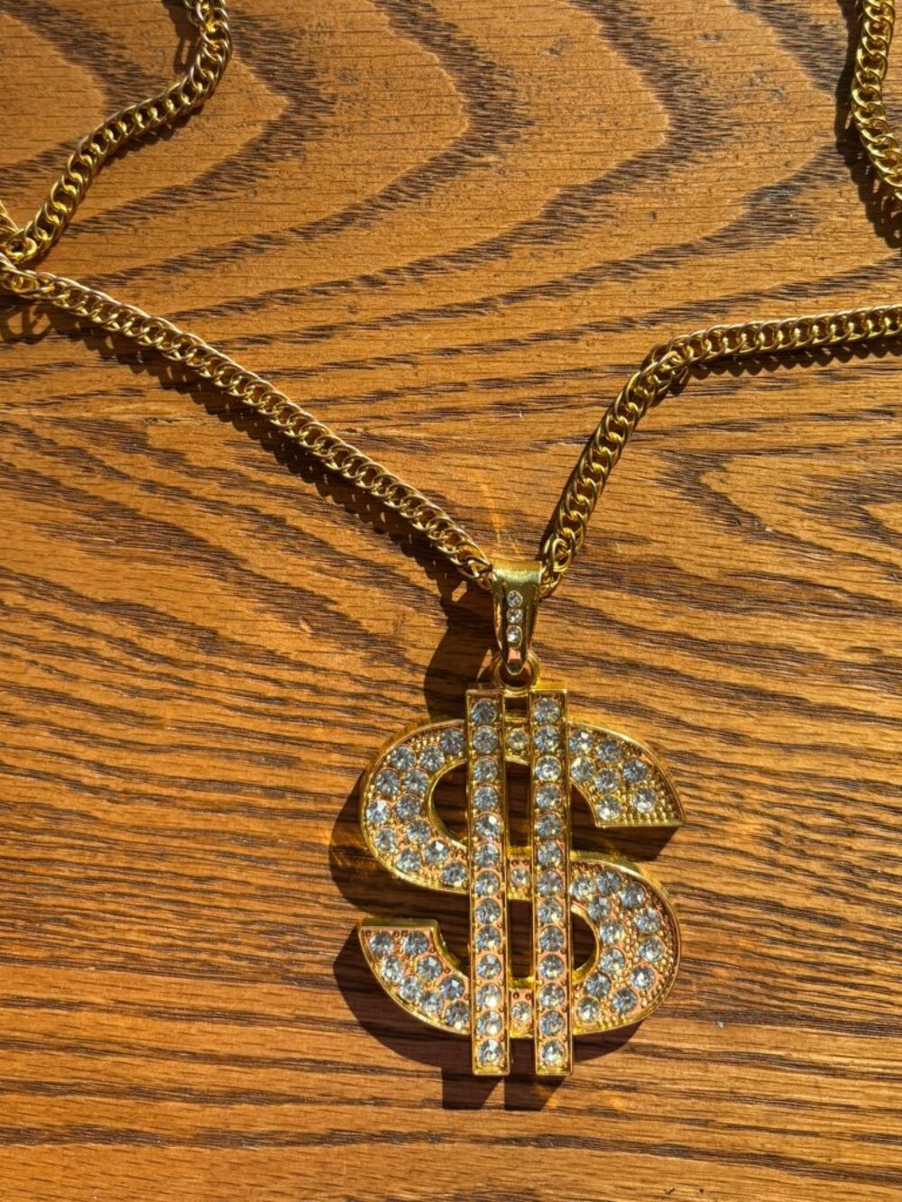 Gold Dollar Sign Pendant Necklace, some discoloration on 26" chain